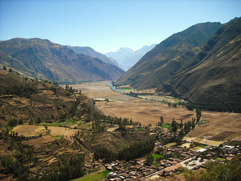 Sacred Valley Cusco panoramic view with Andean mountains and Urubamba river