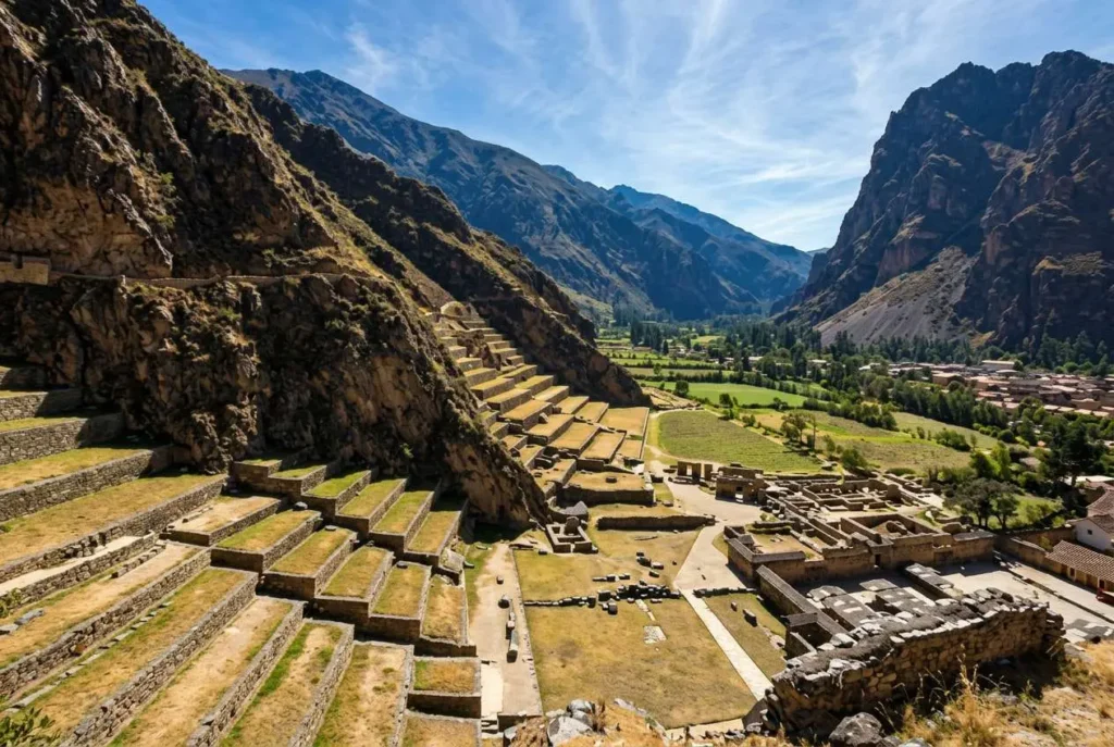 Small group of tourists walking through ancient stone ruins on a hillside