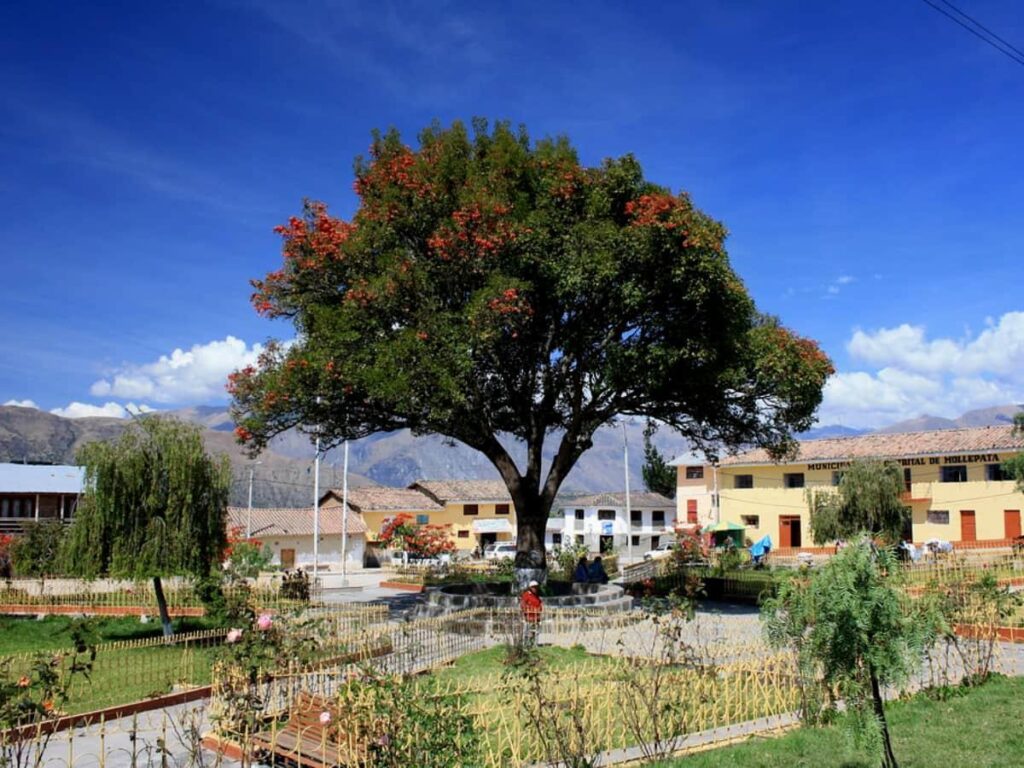 Quiet Andean village surrounded by high peaks photographed at first light