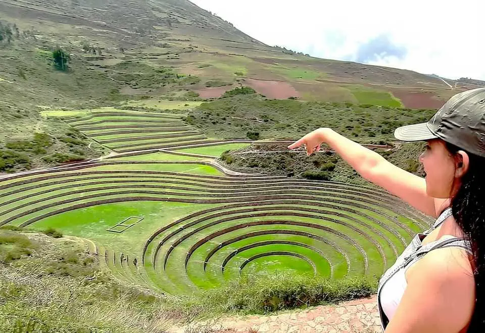 Circular agricultural terraces carved into a natural depression in the mountains