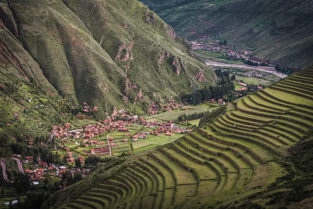 Traditional Andean village in the Urubamba valley with terraced fields