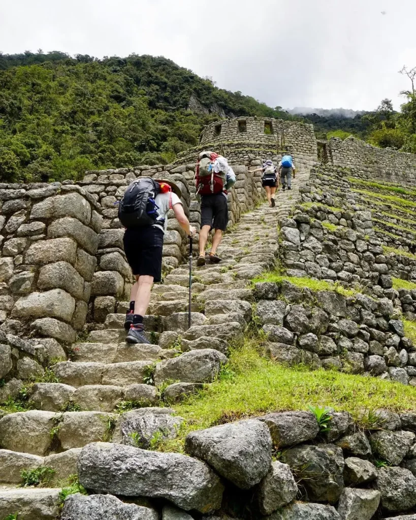 Trekker climbing original stone steps on a steep section of an ancient Inca path