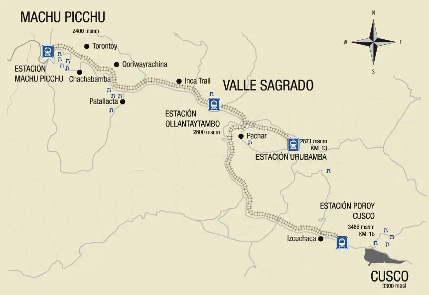 Train to Machu Picchu route map showing departure points from Ollantaytambo Poroy and Cusco