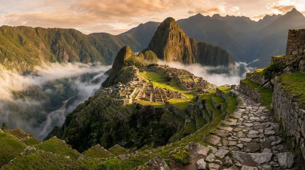 Sunrise view of Machu Picchu from a high mountain viewpoint in the Peruvian Andes