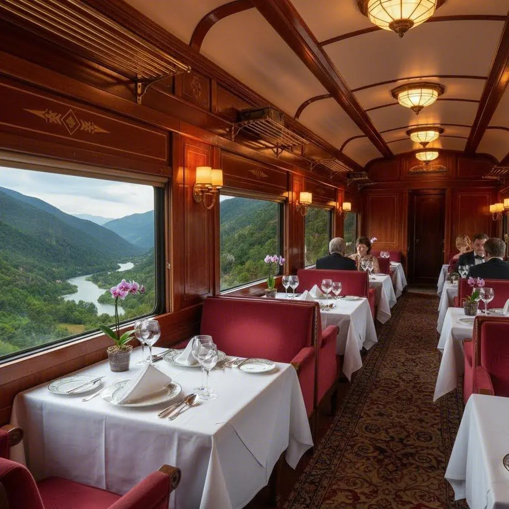 Luxury train carriage interior with gourmet dining and panoramic windows in the Andes