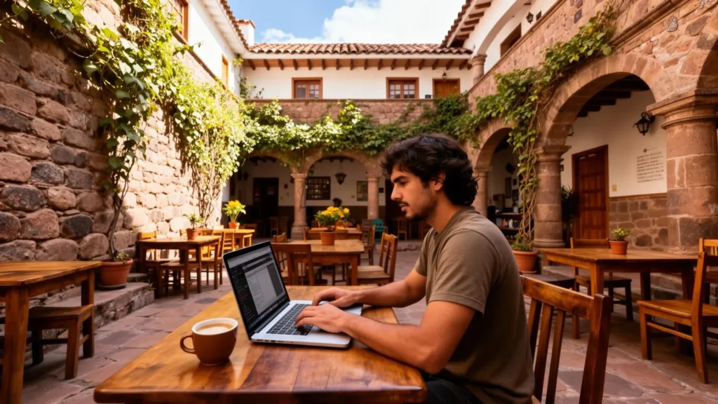 Traveler booking train to Machu Picchu tickets online on laptop at Cusco hotel